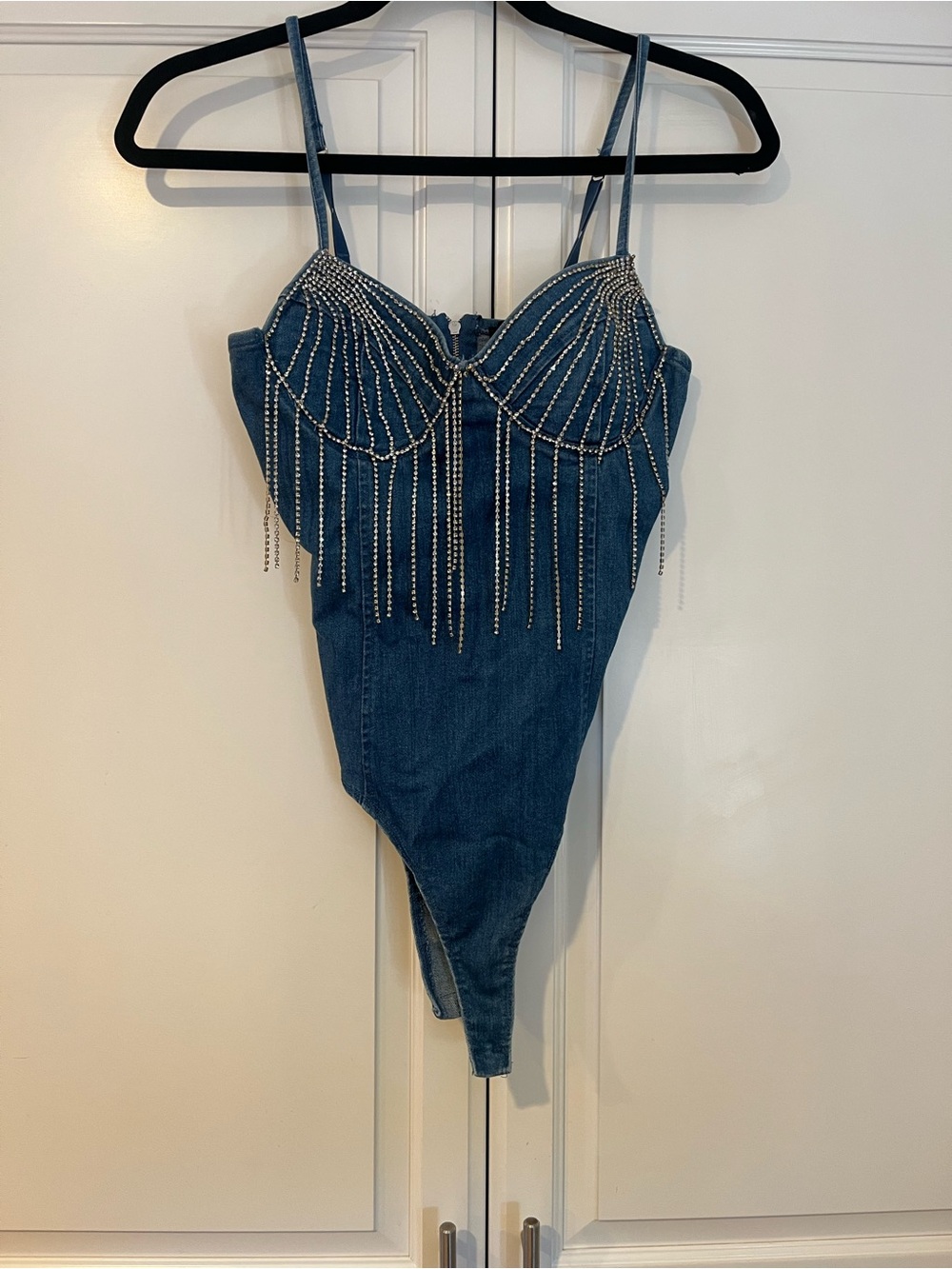 Crystal-Embellished Denim Bodysuit - Blue denim